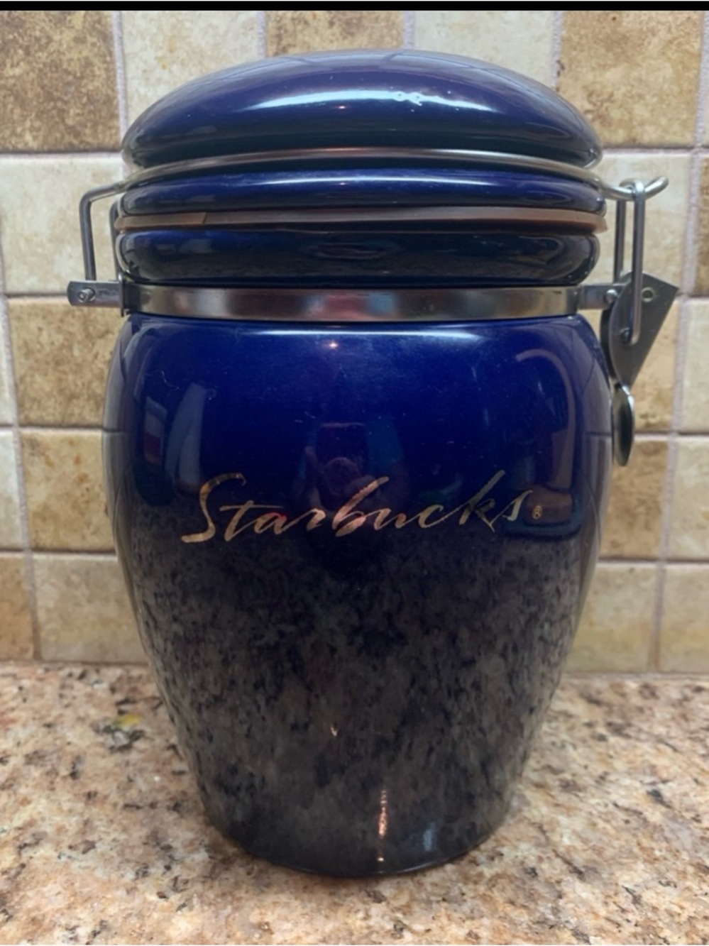 Starbucks Cobalt Blue Ceramic Canister with Silver Script Logo & Hinge Closure.